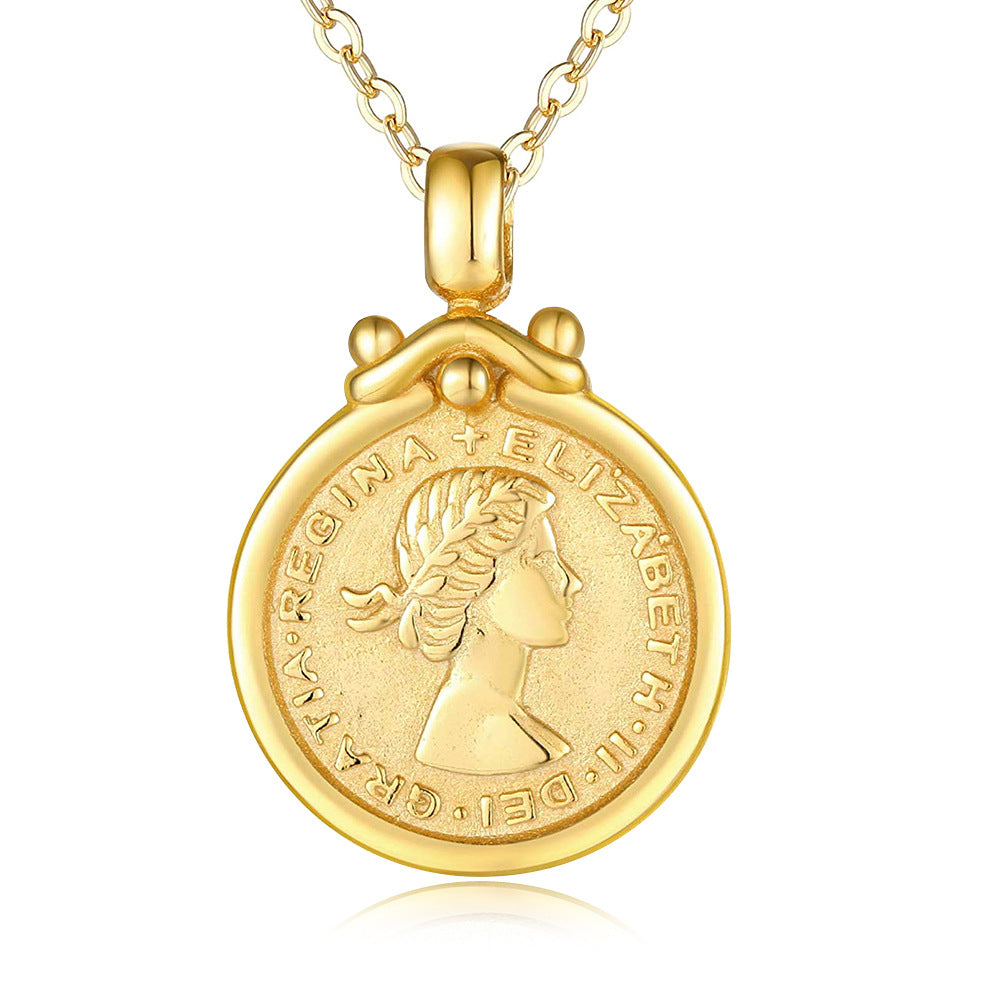 S925 Sterling Silver Elizabeth Portrait Coin Relief Necklace, Style Pendant