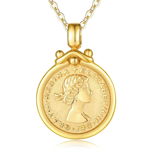 S925 Sterling Silver Elizabeth Portrait Coin Relief Necklace, Style Pendant