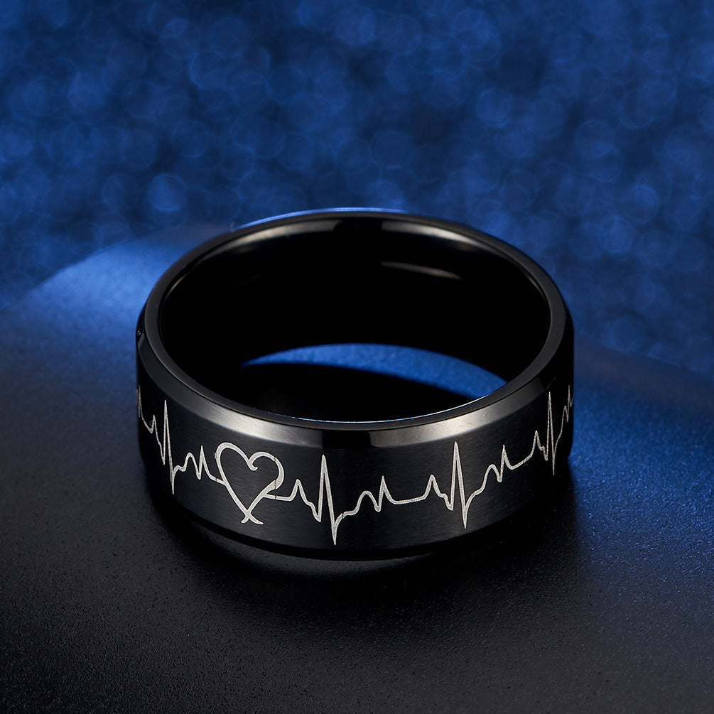 Electrocardiogram Couple Ring – Black Matte Wedding Engagement Couple