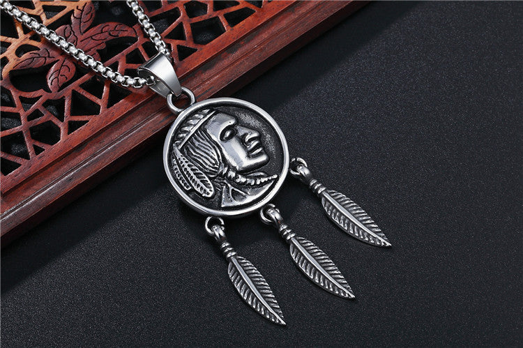 Portrait Feather Titanium Steel Pendant Necklace