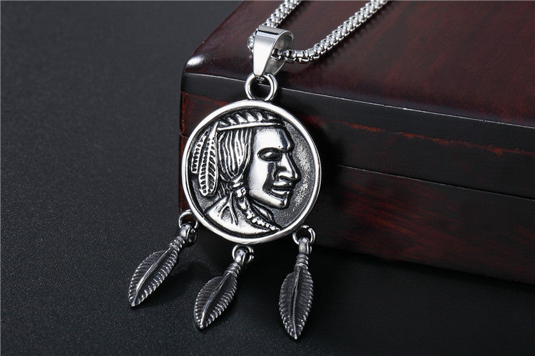 Portrait Feather Titanium Steel Pendant Necklace