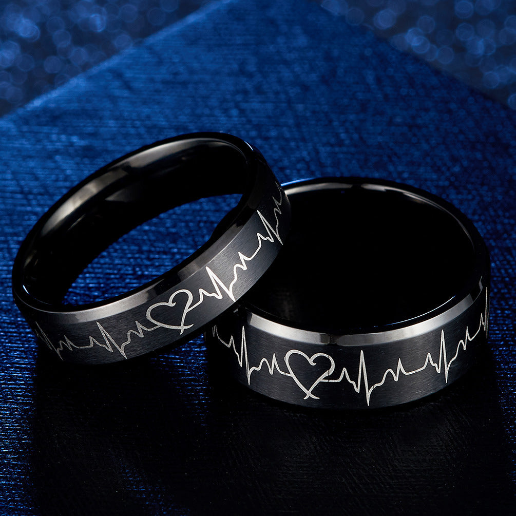 Electrocardiogram Couple Ring – Black Matte Wedding Engagement Couple