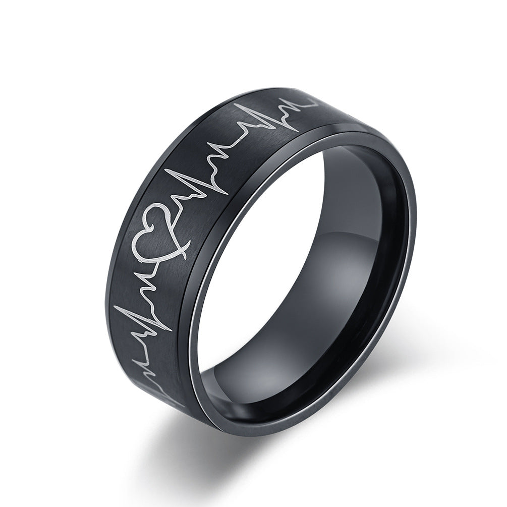 Electrocardiogram Couple Ring – Black Matte Wedding Engagement Couple