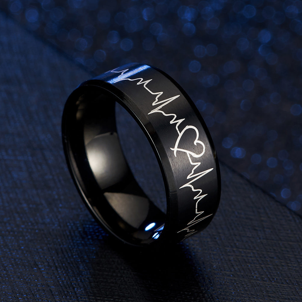 Electrocardiogram Couple Ring – Black Matte Wedding Engagement Couple