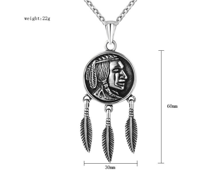 Portrait Feather Titanium Steel Pendant Necklace