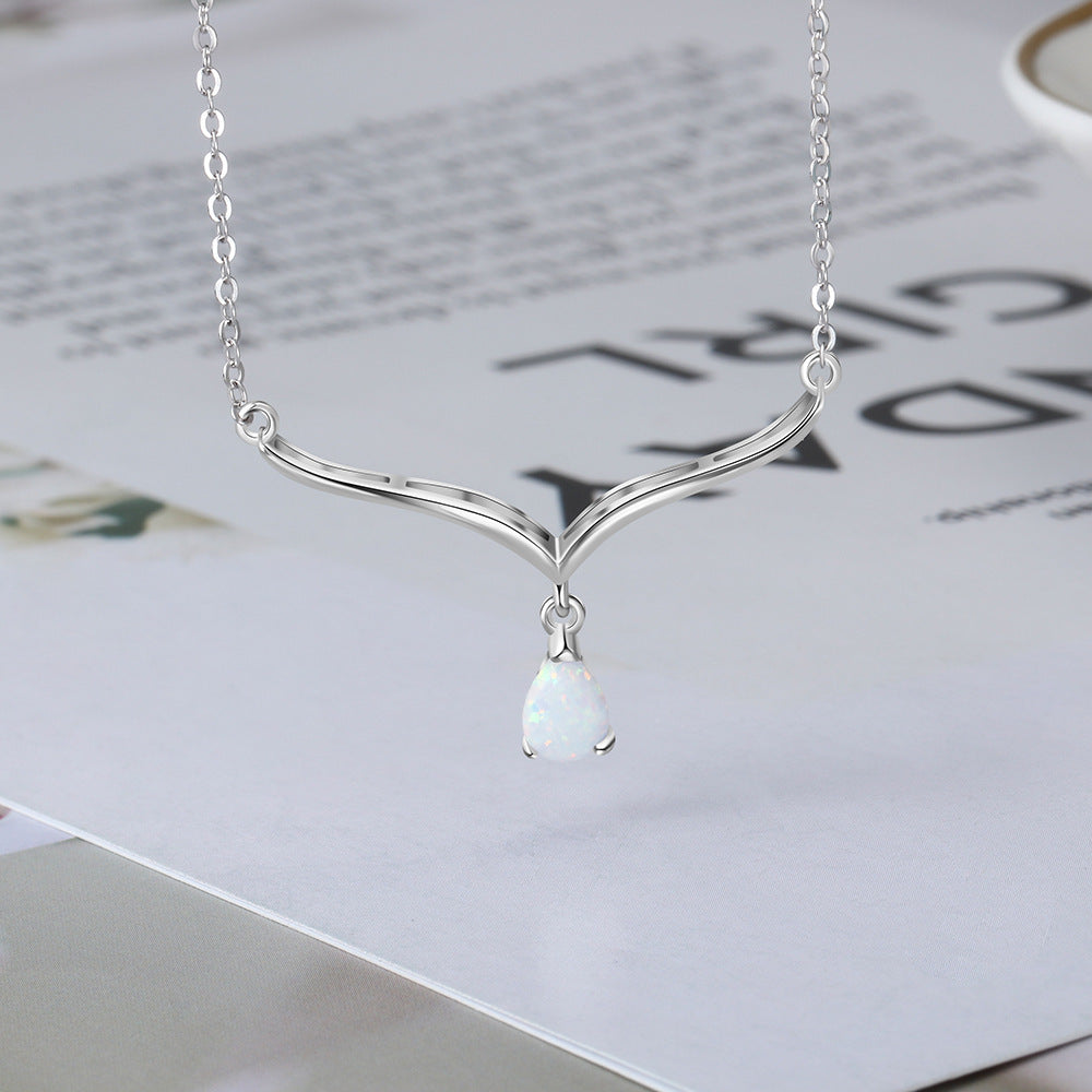 V Shape Pendant Pear Shape Opal Sterling Silver Necklace