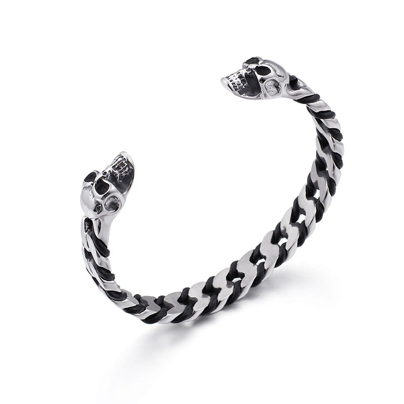 Skull Men's Woven Leather Bracelet – Stainless Steel