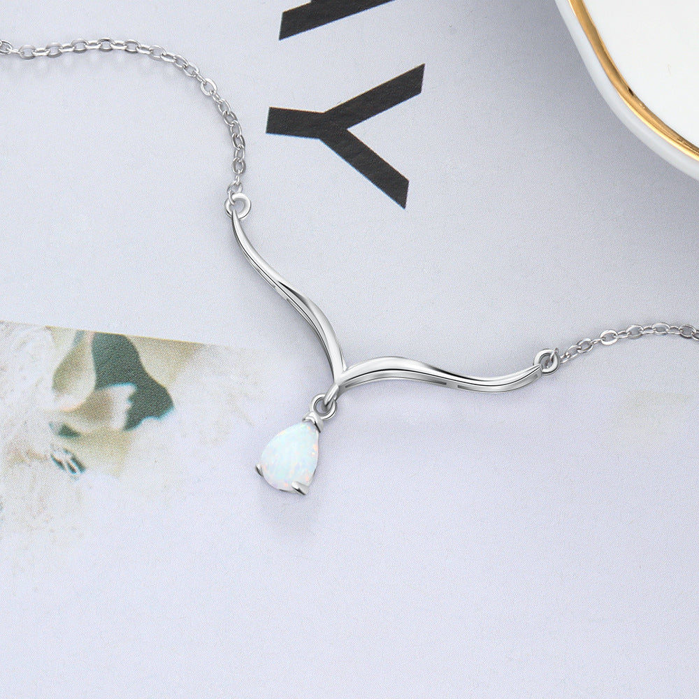 V Shape Pendant Pear Shape Opal Sterling Silver Necklace