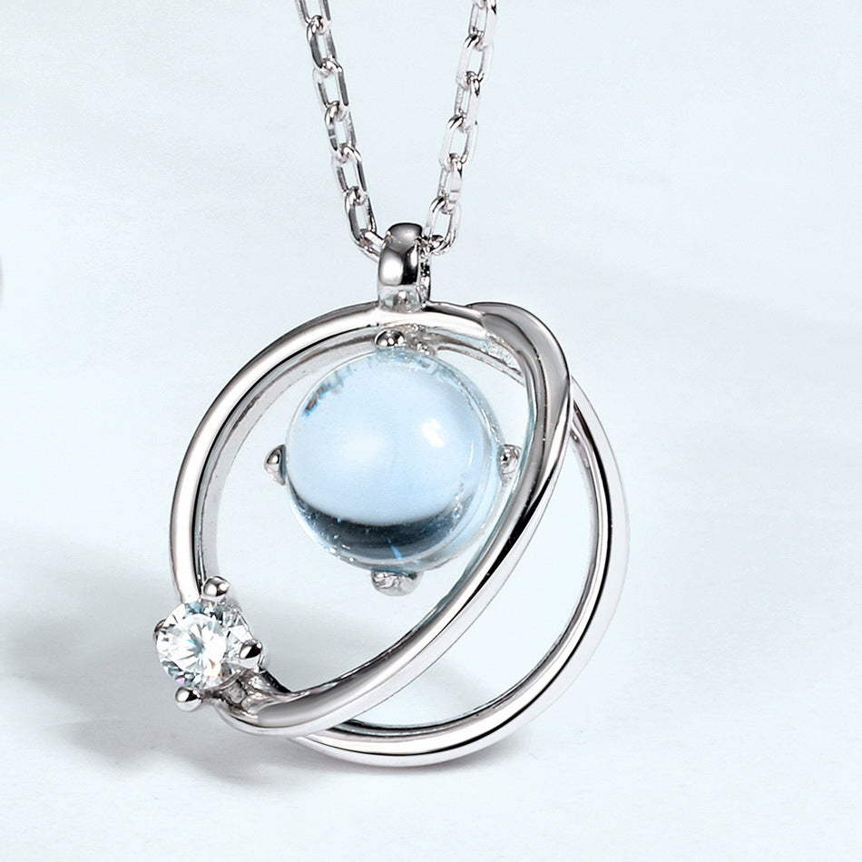 Round Blue Topaz Planet Pendant Sterling Silver Necklace