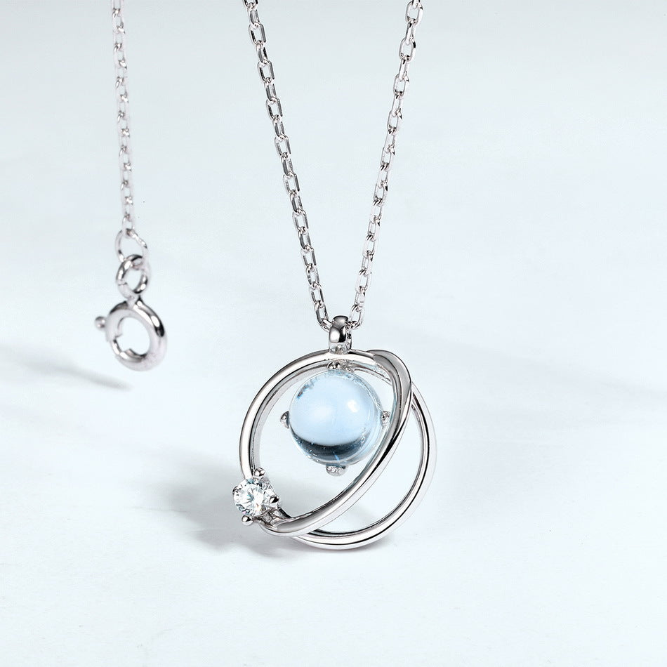 Round Blue Topaz Planet Pendant Sterling Silver Necklace