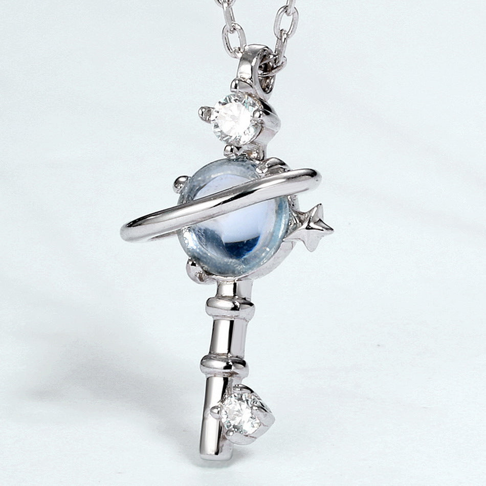 Round Blue Topaz Planet Key Pendant Sterling Silver Necklace