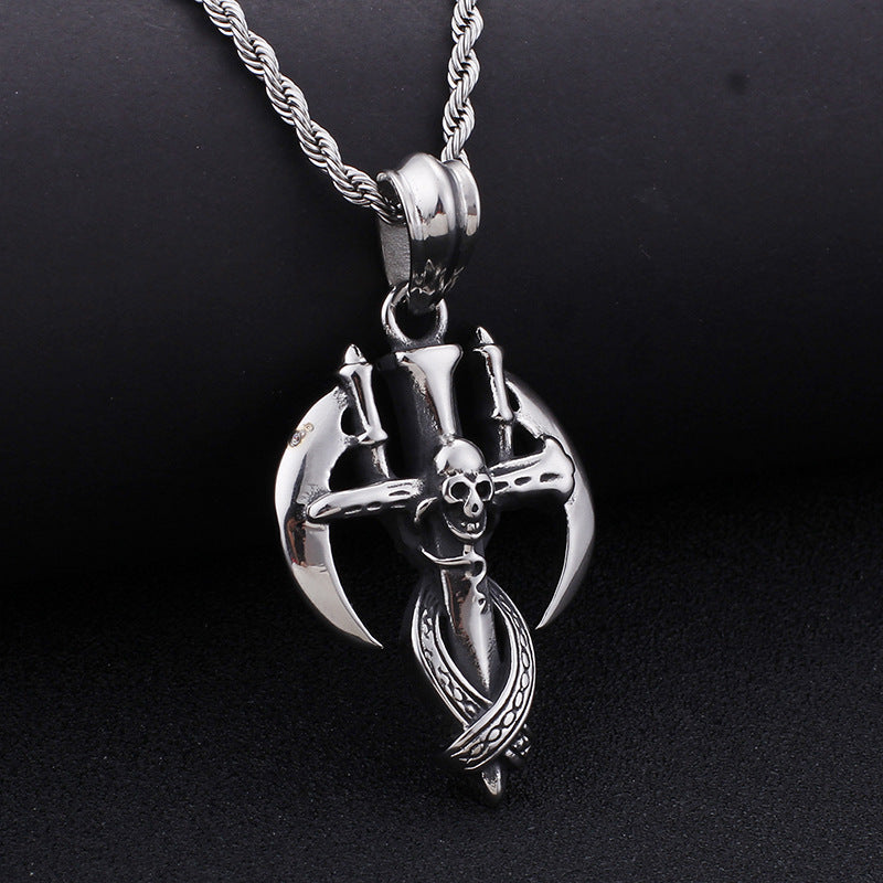 Men's Stainless Steel Skull and Reaper Sickle Cross Pendant