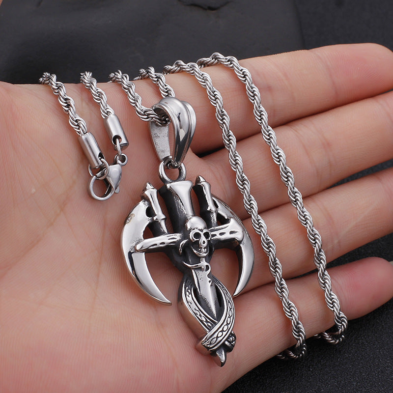 Men's Stainless Steel Skull and Reaper Sickle Cross Pendant