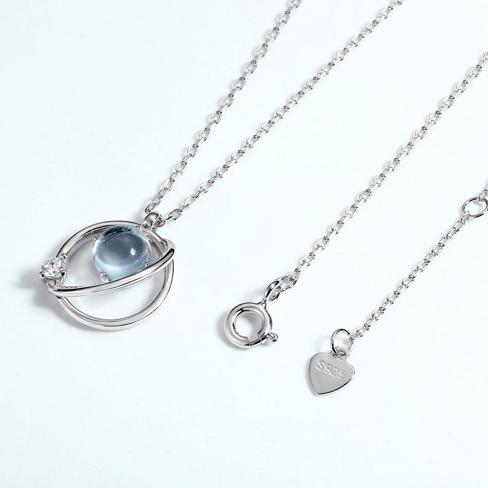 Round Blue Topaz Planet Pendant Sterling Silver Necklace