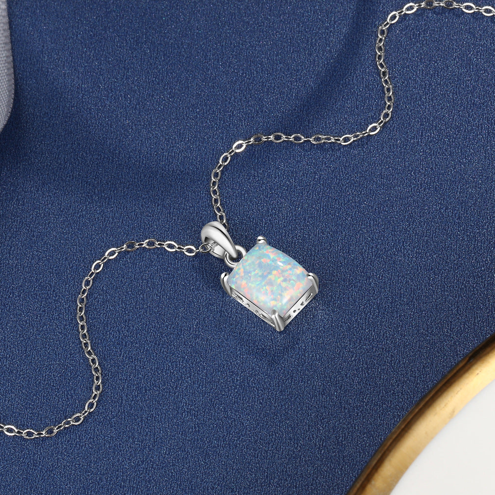 Solitaire Rectangle Opal Sterling Silver Necklace