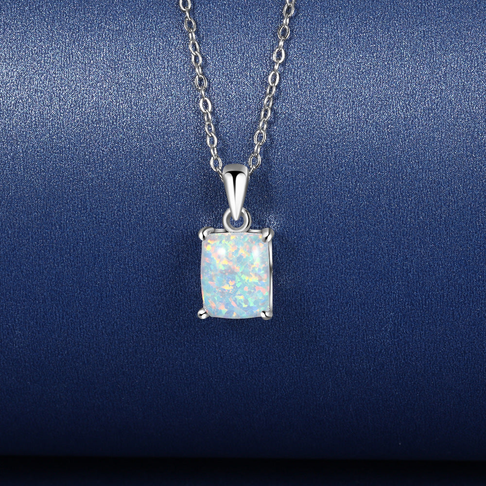 Solitaire Rectangle Opal Sterling Silver Necklace