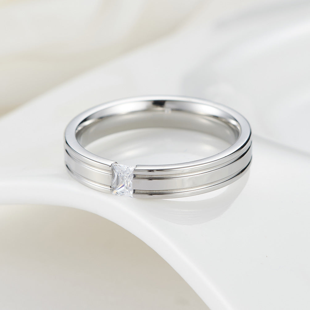 Gold-Plated Couple Zircon- Pair Ring 4mm Wide Smooth Surface Zircon Titanium