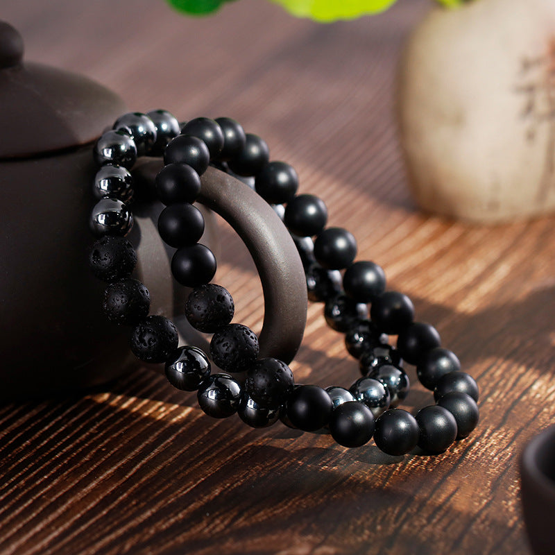 Handcrafted Frosted Black Agate Volcanic Stone Bracelet for Men on Elastic Rope