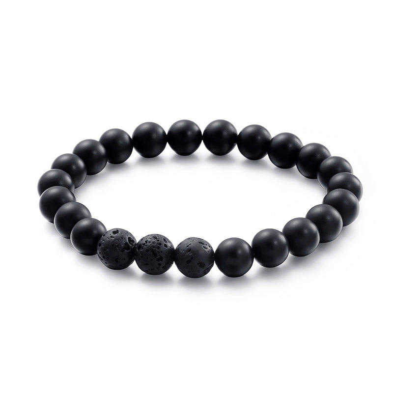 Handcrafted Frosted Black Agate Volcanic Stone Bracelet for Men on Elastic Rope