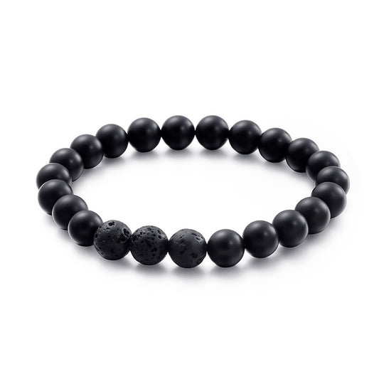 Handcrafted Frosted Black Agate Volcanic Stone Bracelet for Men on Elastic Rope