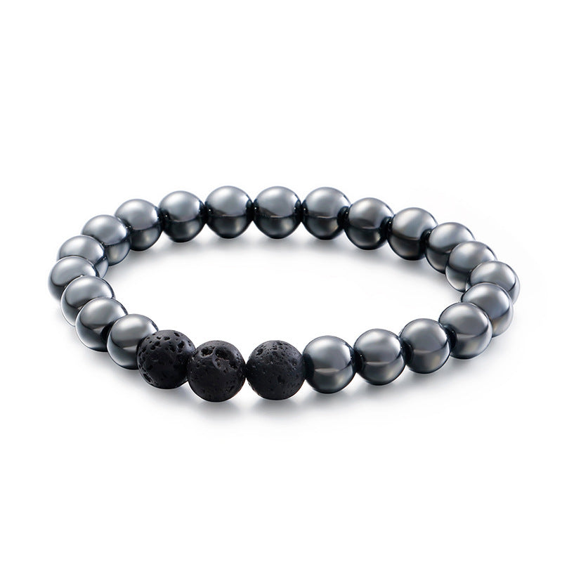 Handcrafted Frosted Black Agate Volcanic Stone Bracelet for Men on Elastic Rope