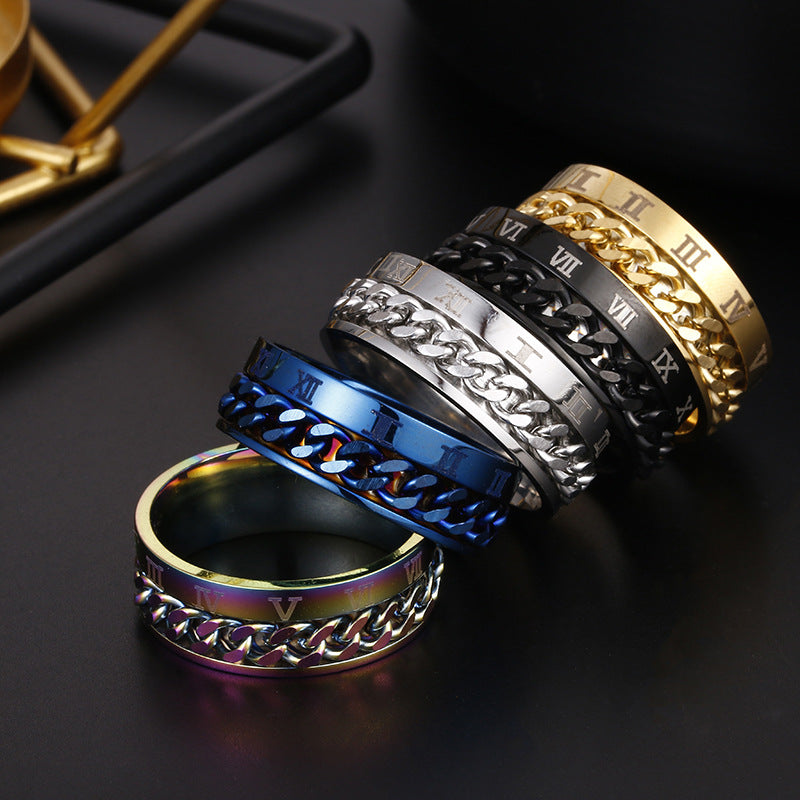 Planderful Everyday Genie Titanium Steel Ring Rotatable Chain Decompression Unisex Roman Numerals Jewelry Size 7 13
