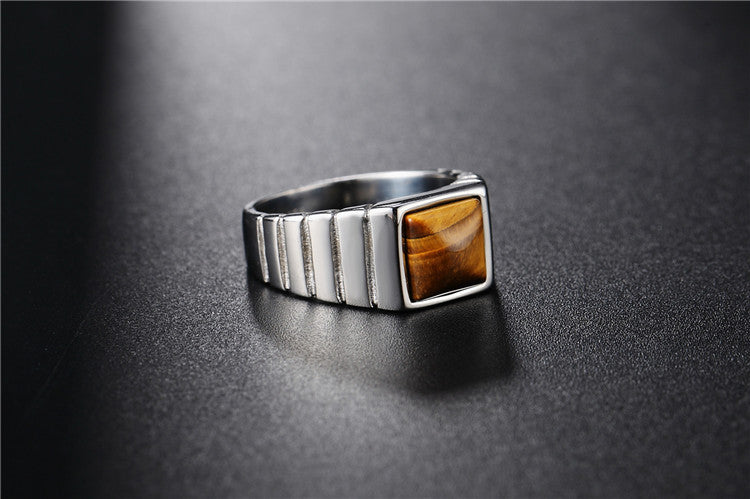 Planderful Titanium Steel Ring For Men Unisex Bold Protection Statement Brown Stone Everyday Genie