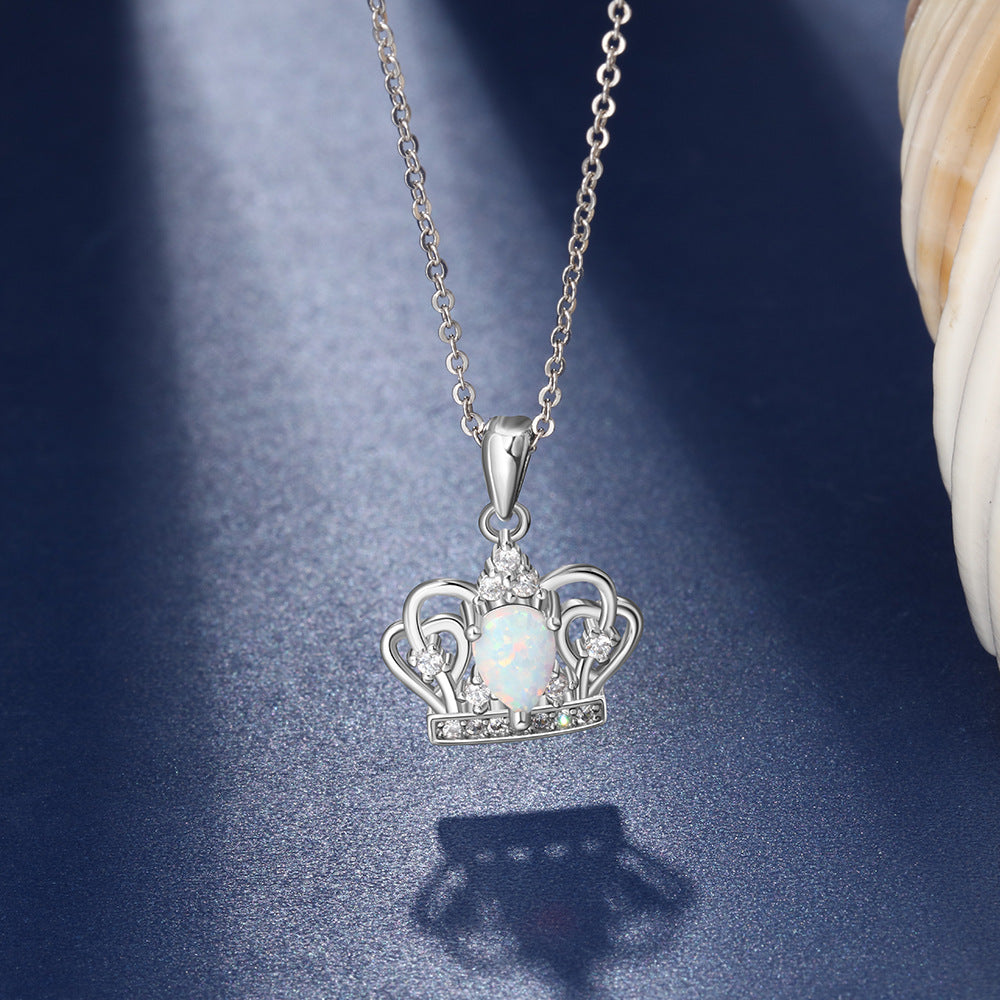 Zircon Crown Pendant Pear Shape Opal Sterling Silver Necklace