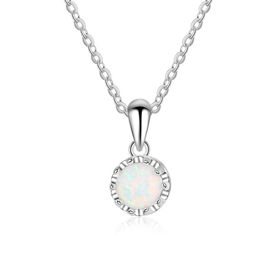 Crown Shape Prongs Round Opal Sterling Silver Necklace