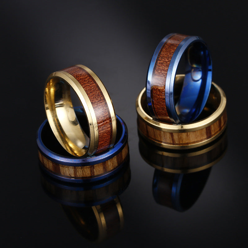 Planderful Everyday Genie Teak Inlaid Titanium Steel Couple Ring Unisex Durable Wedding Band
