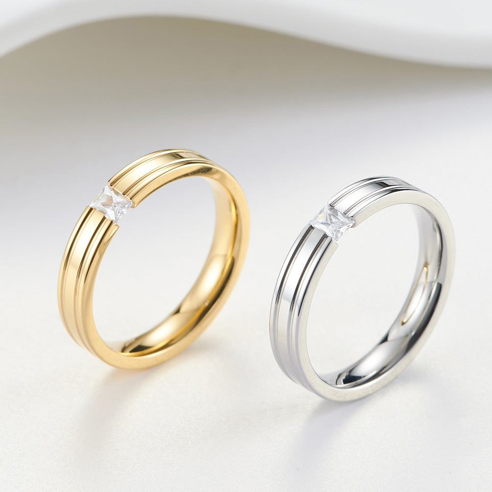 Gold-Plated Couple Zircon- Pair Ring 4mm Wide Smooth Surface Zircon Titanium