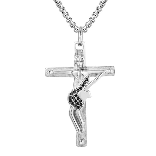 Rock Guitarist Crucifix Zircon Titanium Steel Necklace for Men