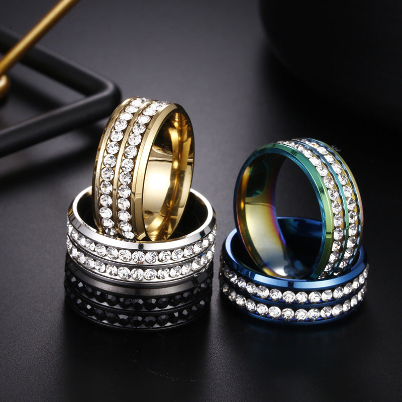 Planderful Premium Titanium Steel Zircon Ring Everyday Genie Double Row Unisex Jewelry