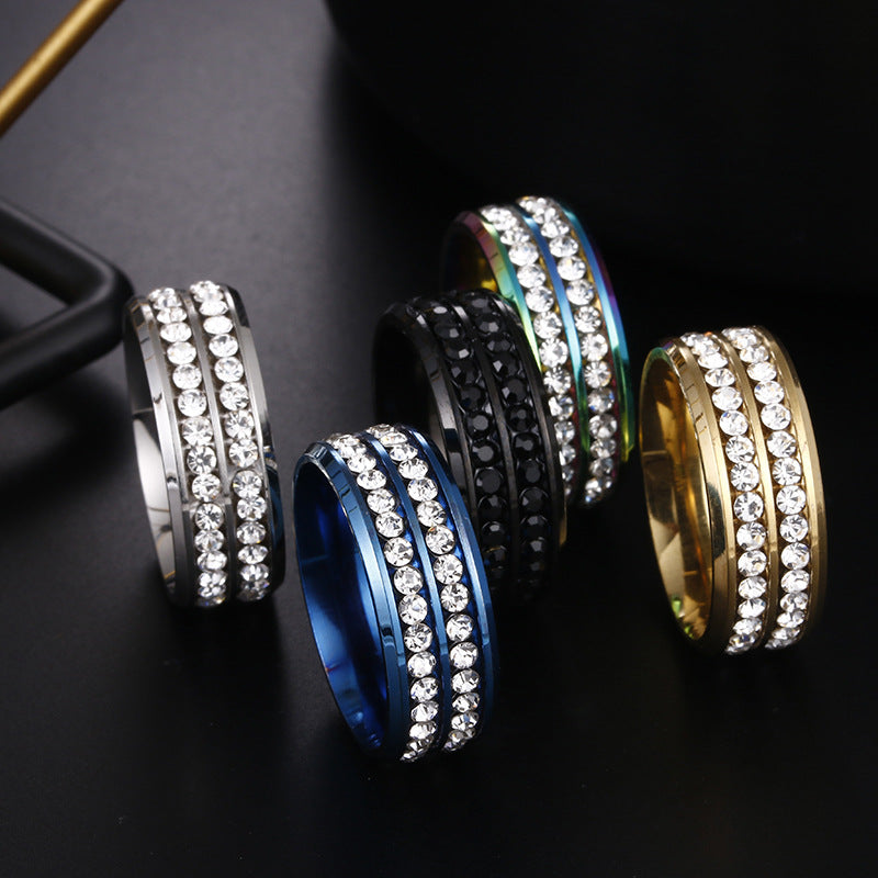Planderful Premium Titanium Steel Zircon Ring Everyday Genie Double Row Unisex Jewelry