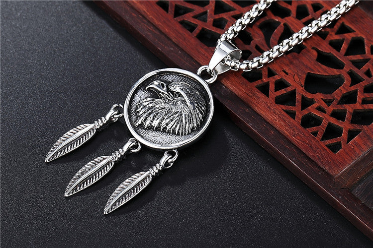 Planderful Feather Eagle Head Pendant Titanium Steel Necklace Unisex Protection Jewelry