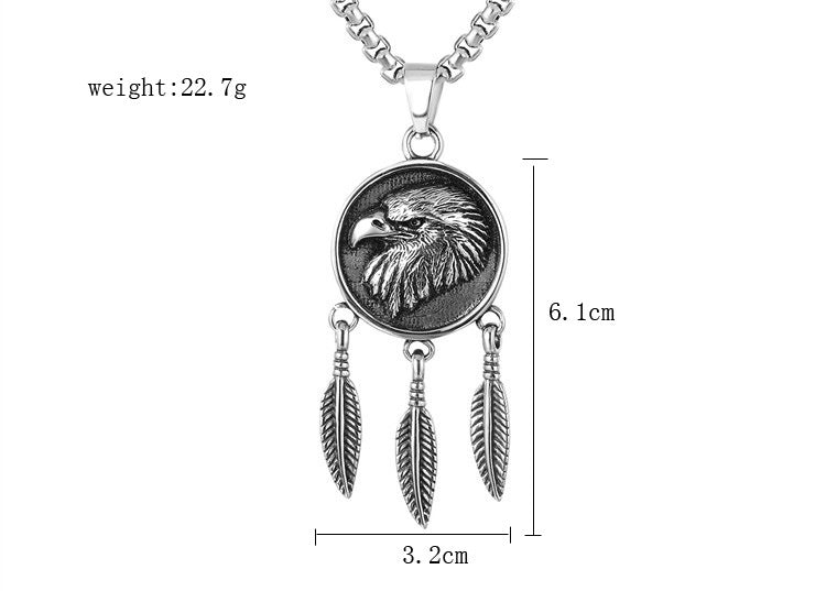 Planderful Feather Eagle Head Pendant Titanium Steel Necklace Unisex Protection Jewelry
