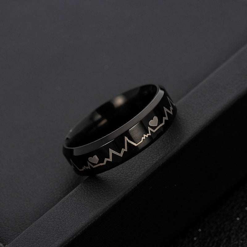 Heartbeat Electrocardiogram Black Stainless Steel Ring - Men's Wholesale Jewelry