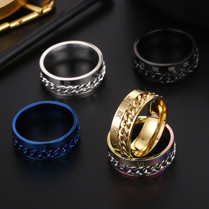 Planderful Everyday Genie Titanium Steel Ring Rotatable Chain Decompression Unisex Roman Numerals Jewelry Size 7 13