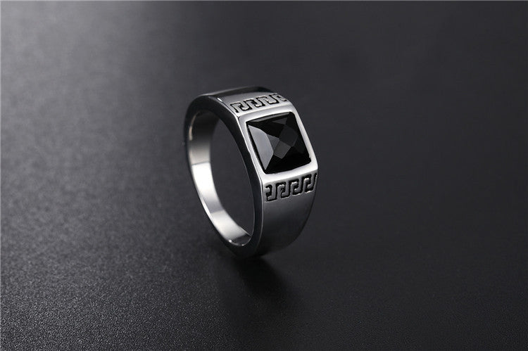 Planderful Titanium Steel Ring With Great Wall Pattern Black Stone Unisex Protection Statement For Men