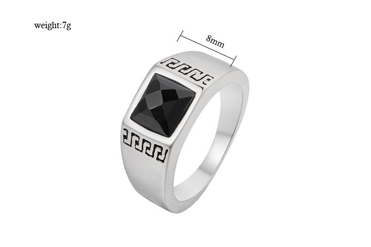 Planderful Titanium Steel Ring With Great Wall Pattern Black Stone Unisex Protection Statement For Men
