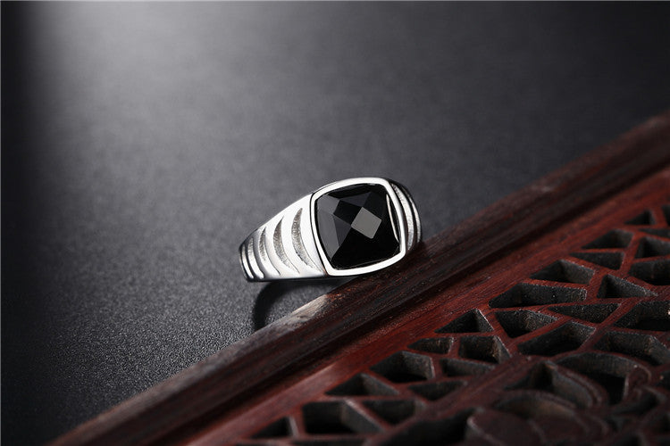 Planderful Unisex Black Stone Titanium Steel Ring for Men and Women with Protective Statement