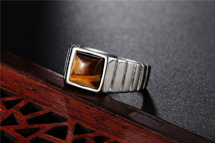 Planderful Titanium Steel Ring For Men Unisex Bold Protection Statement Brown Stone Everyday Genie