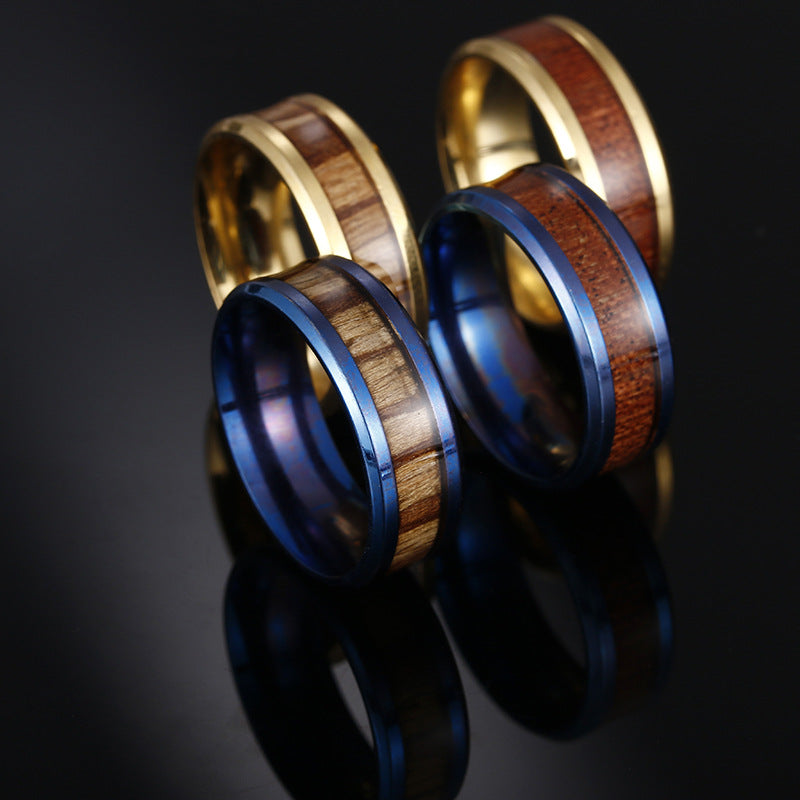 Planderful Everyday Genie Teak Inlaid Titanium Steel Couple Ring Unisex Durable Wedding Band