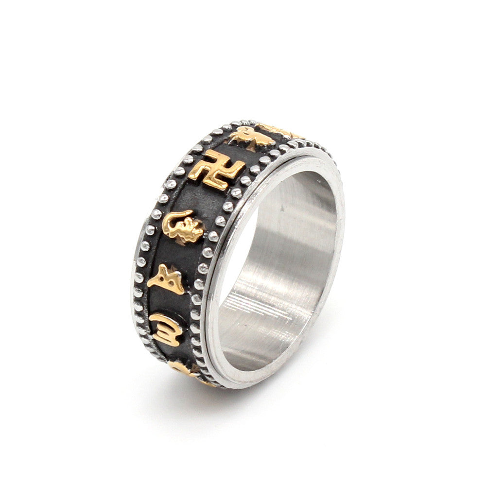 Planderful Titanium Steel Ring With Six Character Mantra For Auspicious Protection Unisex Everyday Genie