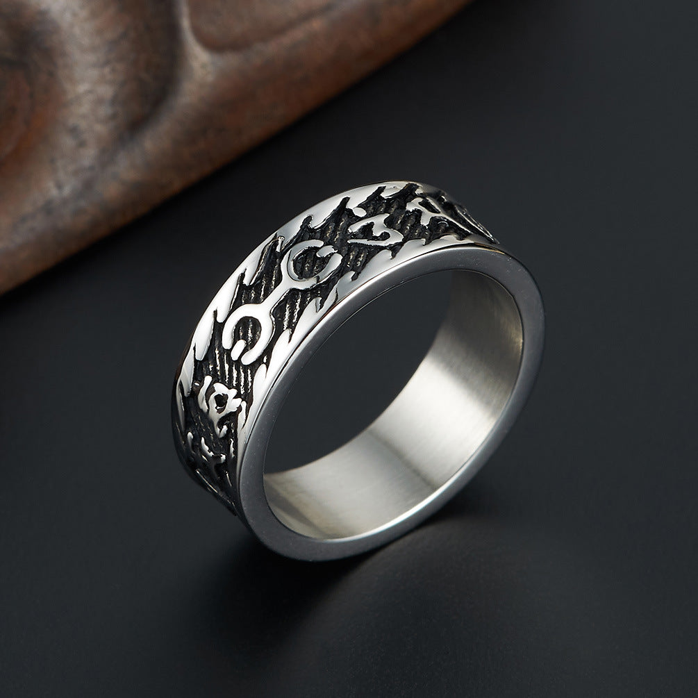 Stainless Steel Six-Character Men's Ring – Ethnic Style Stainless Steel