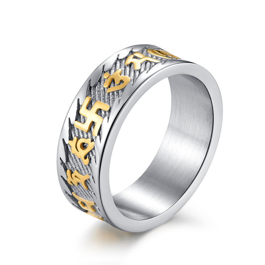 Stainless Steel Six-Character Men's Ring – Ethnic Style Stainless Steel