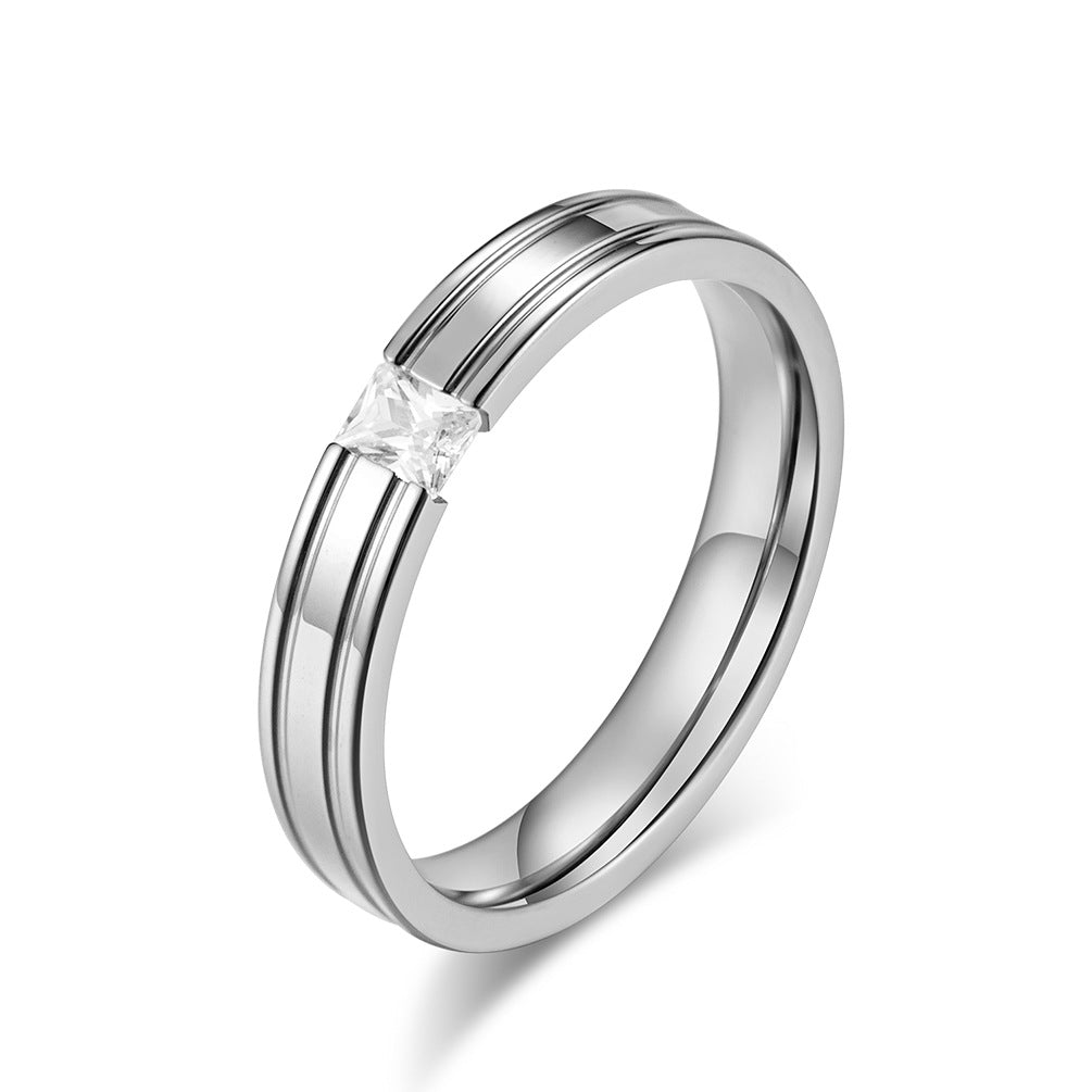 Gold-Plated Couple Zircon- Pair Ring 4mm Wide Smooth Surface Zircon Titanium