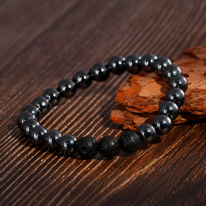 Handcrafted Frosted Black Agate Volcanic Stone Bracelet for Men on Elastic Rope