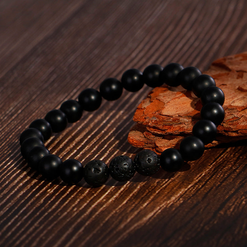 Handcrafted Frosted Black Agate Volcanic Stone Bracelet for Men on Elastic Rope