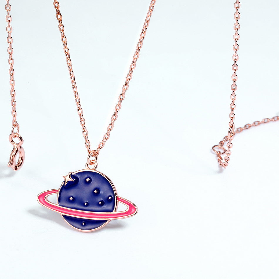 Enamel Blue Planet Pendant Sterling Silver Necklace